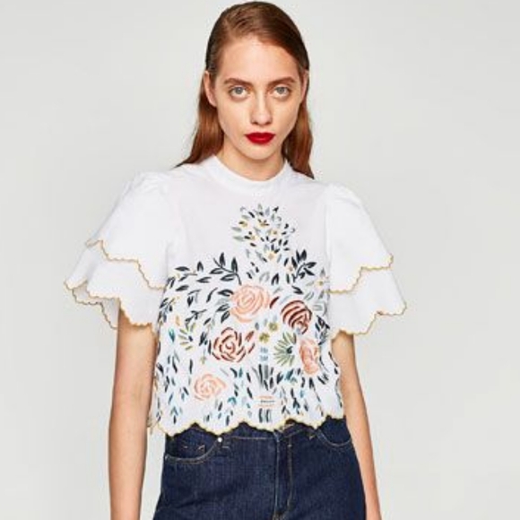 Zara Tops - Zara Trafaluc White Blouse with Embroidered Floral Design